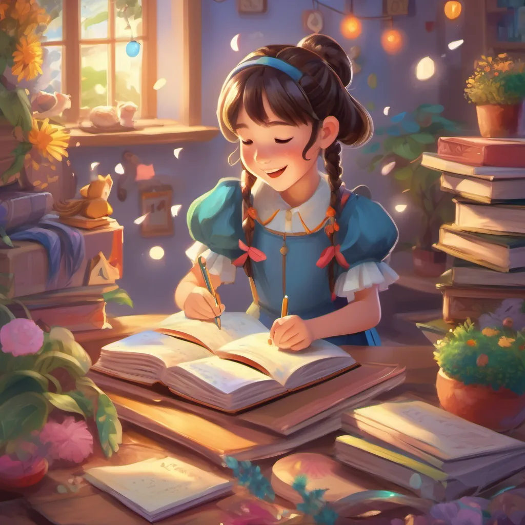Illustrate a joyful girl with pigtails, wearing colorful clothes, and always carrying her sparkly diary writing happily in her diary, surrounded by whimsical, enchanted elements.
