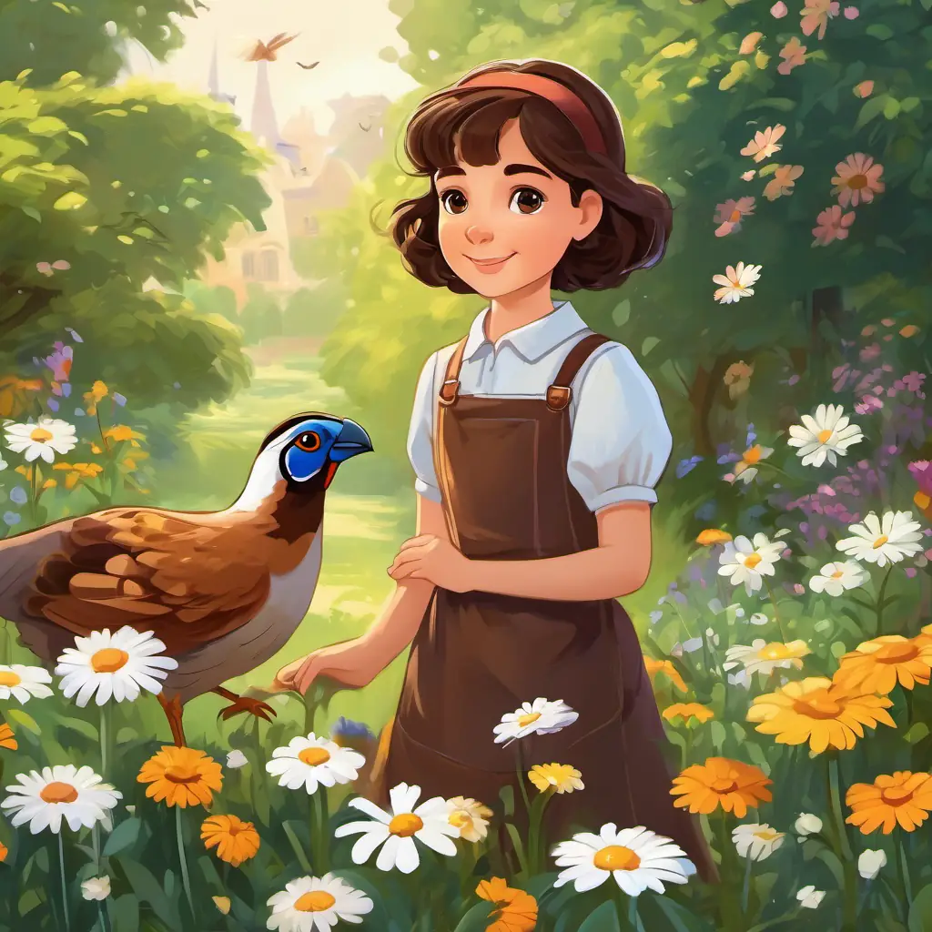 Sandra has short brown hair and sparkly brown eyes's backyard with colorful flowers, Daisy is small with brown feathers and a cute beak the quail hopping happily