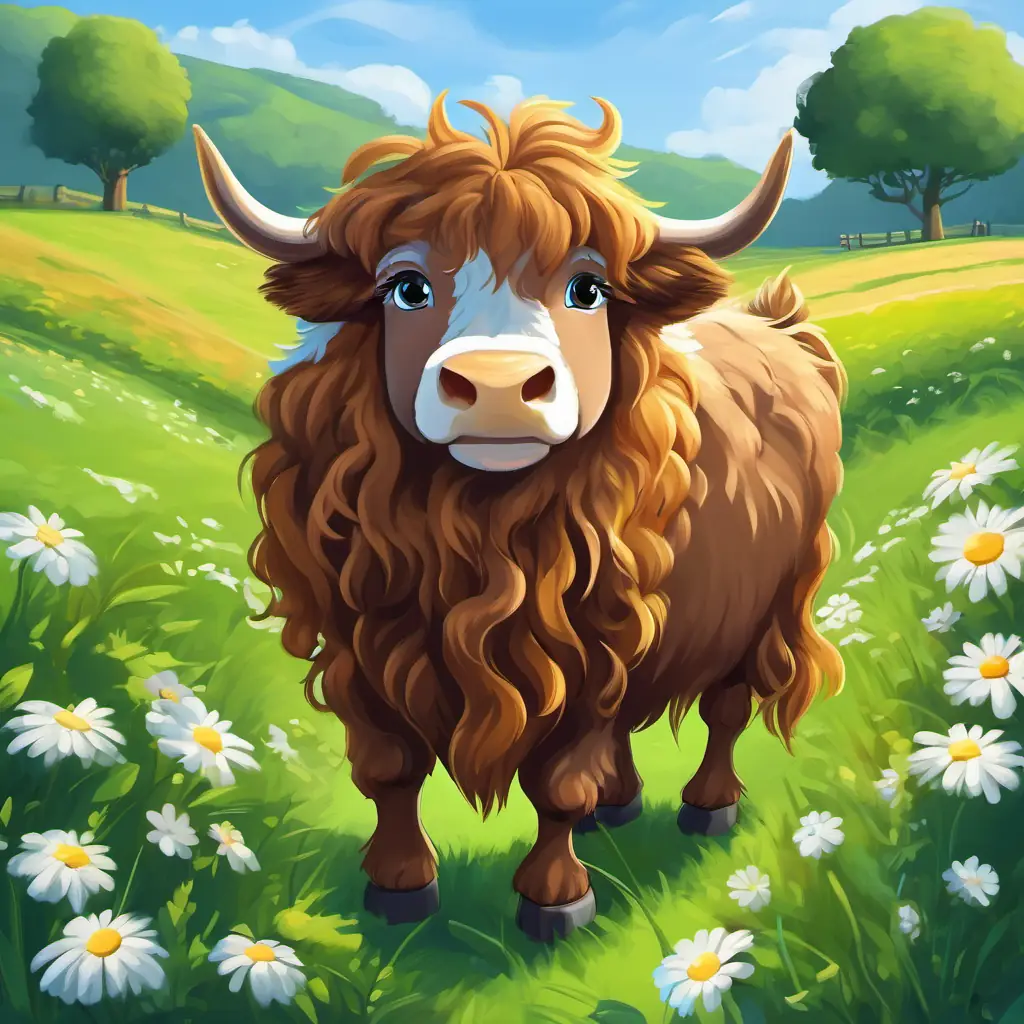 Toffee has long curly hair and happy blue eyes's big farm with green fields, Bubbles is a big yak with shaggy brown hair and kind eyes the yak eating grass beside Daisy is small with brown feathers and a cute beak