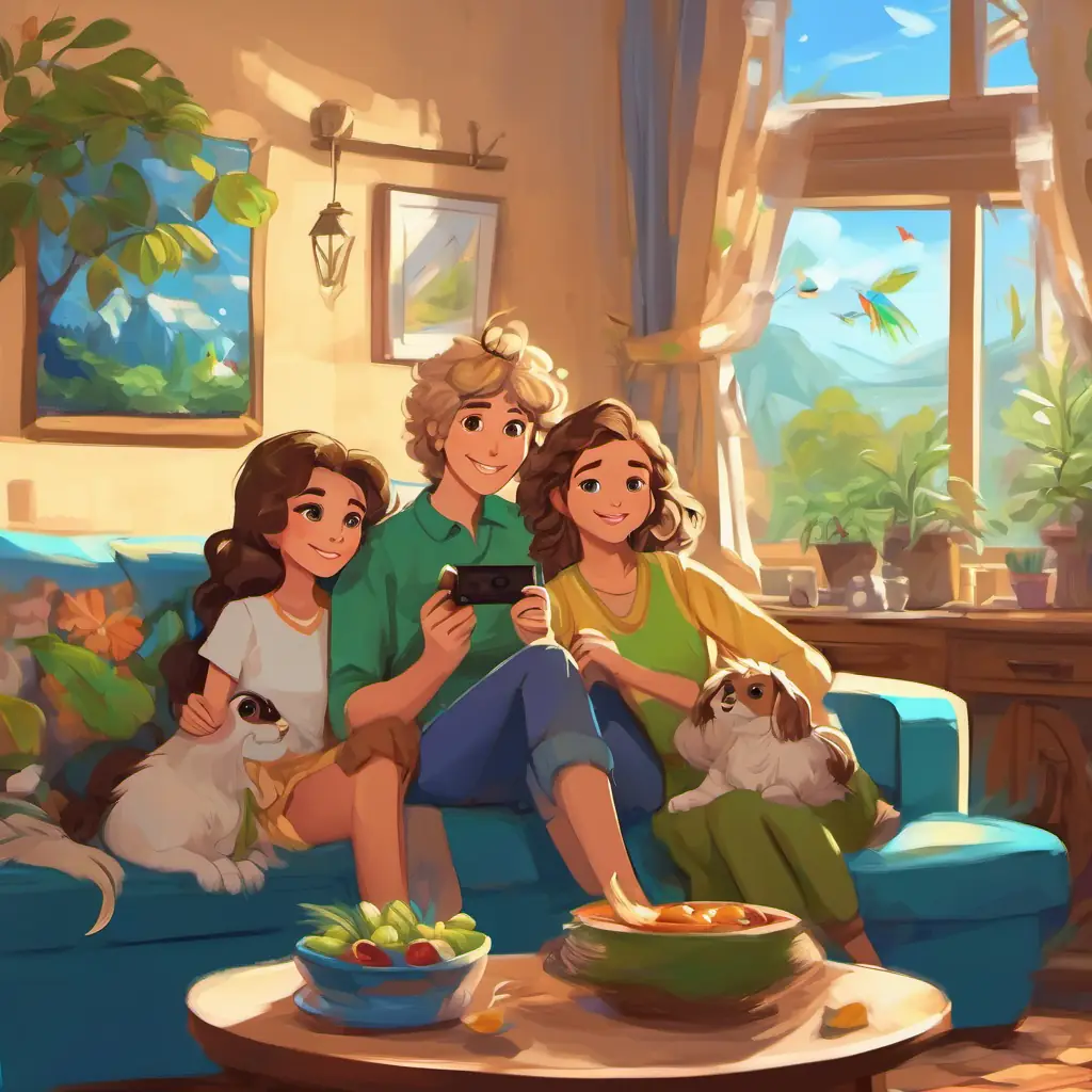 Cozy living room with a big TV, Toffee has long curly hair and happy blue eyes, Sandra has short brown hair and sparkly brown eyes, Annika has long blonde hair and bright blue eyes with Kiwi is a small parakeet with fluffy green feathers on her shoulder