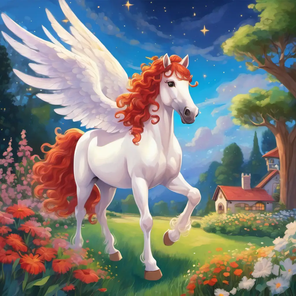 Abby has curly red hair and a big smile's backyard with colorful sky, Sparkle is a white pegasus with magical wings the pegasus fluttering near everyone