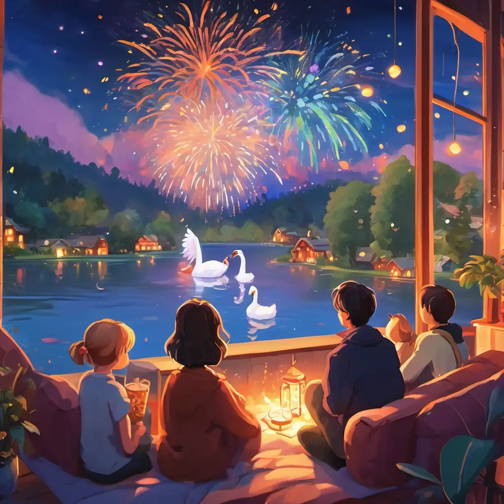 Everyone sitting on the cozy couch, watching swans bursting with colorful fireworks