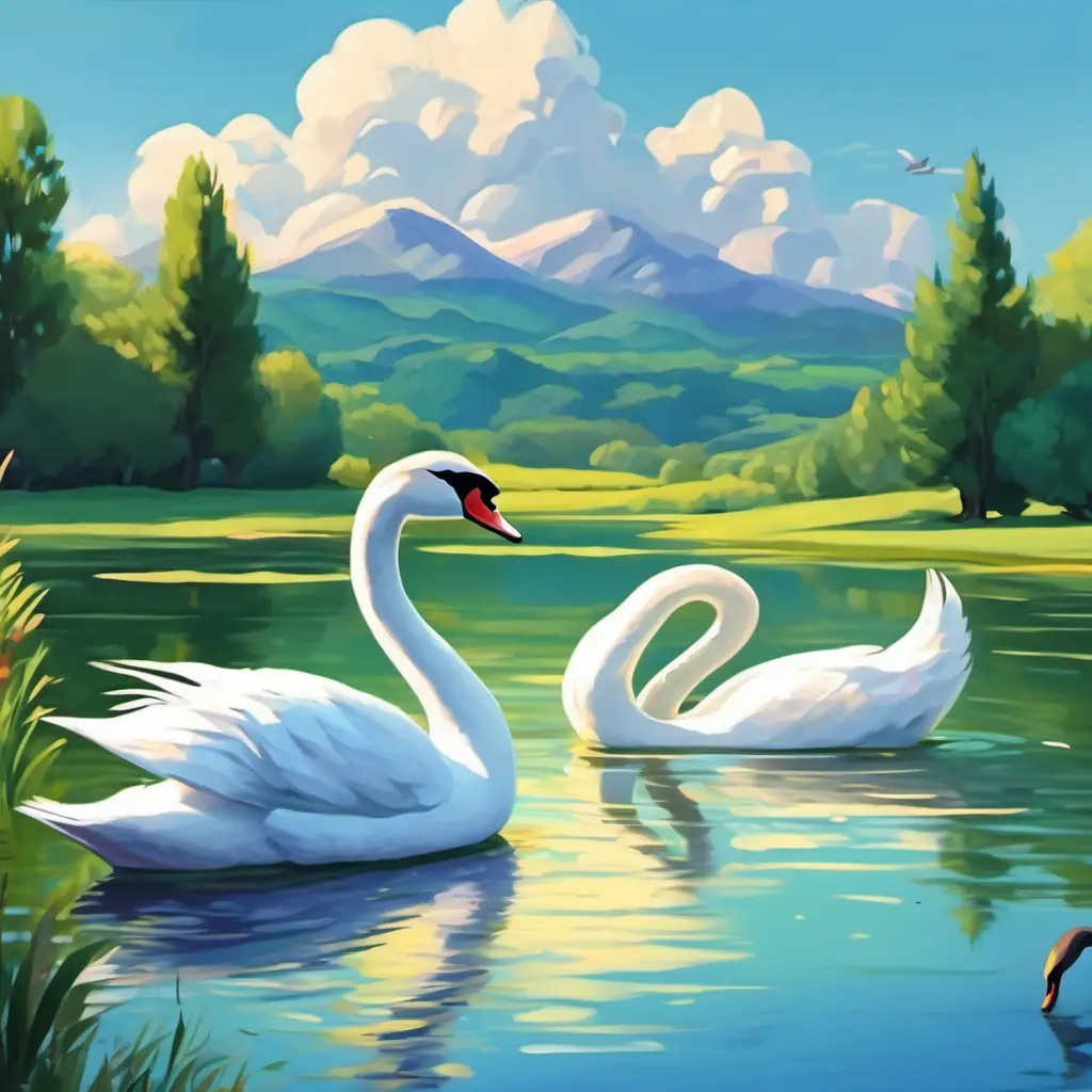 Swans swimming calmly in a beautiful lake