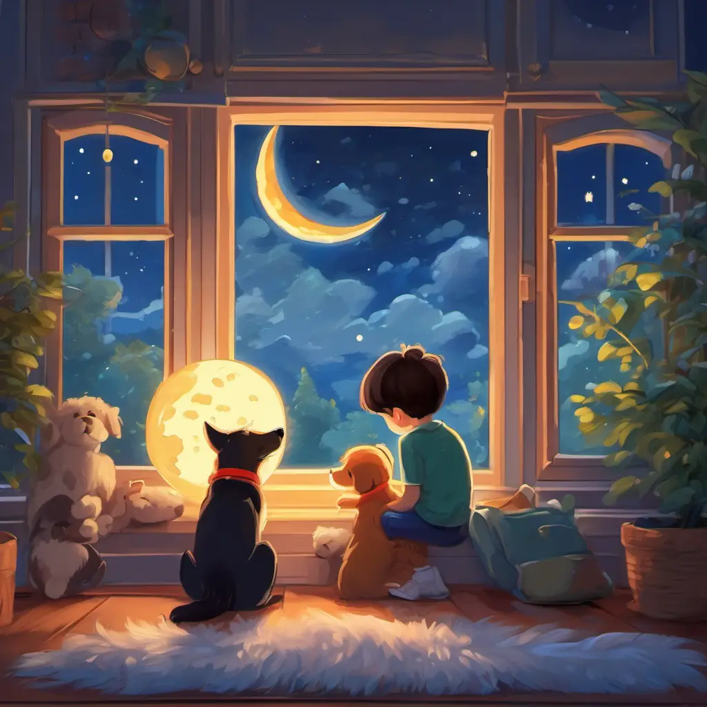 Kids saying goodnight, pets snuggling with them, moon and stars outside the window