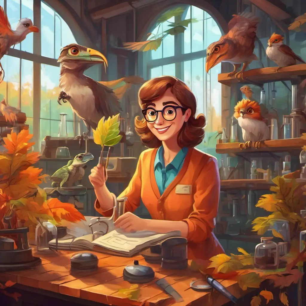 In a mysterious lab, introducing Curious scientist with glasses and a friendly smile and the clever raptors.