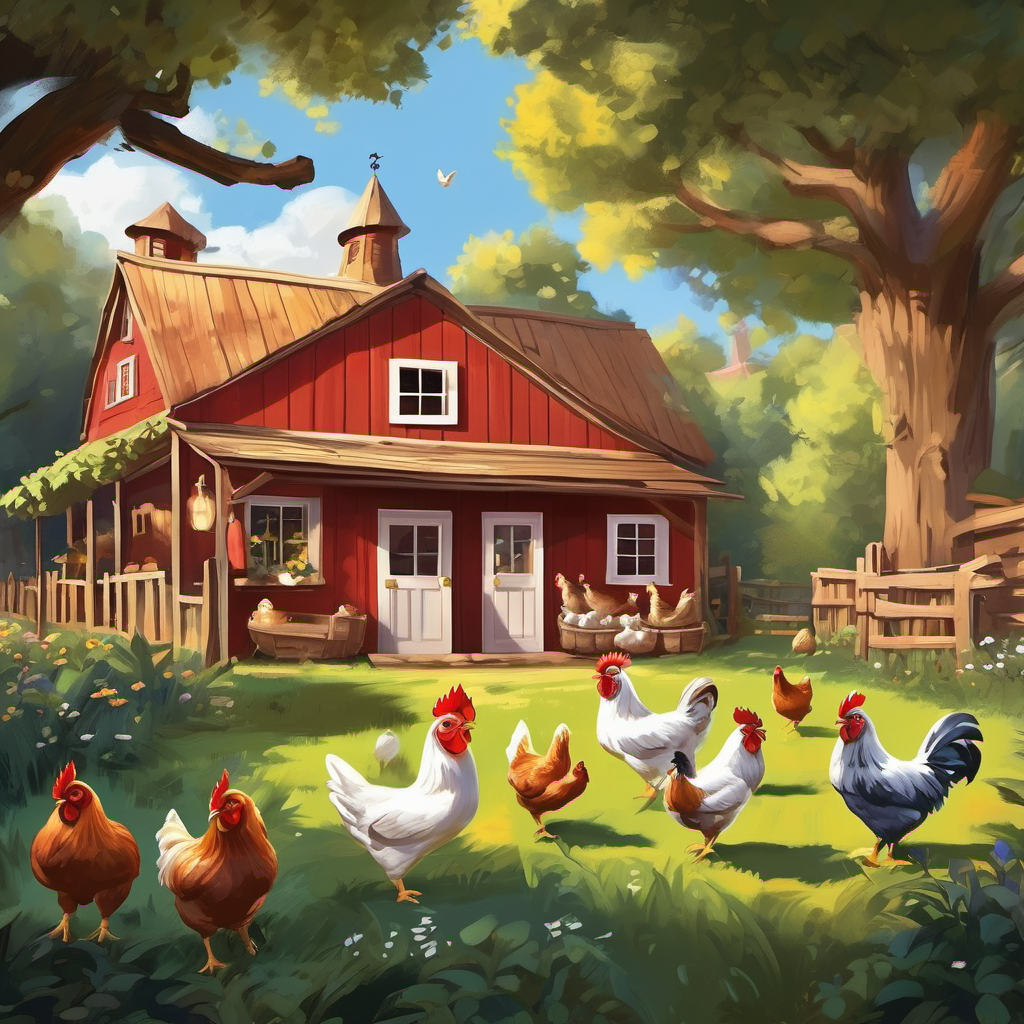 Once upon a time, in a small farm nestled in a cozy little village, there were five chickens named Pepper, Cocoa, Sunny, Daisy, and Marshmallow. These chickens were unlike any other chickens you've ever seen, for they had a hidden talent - they could rock out like no other!  Every night, when the moon was high up in the sky, the chickens would gather in the old red barn. The barn was their secret hideaway, where they could unleash their true musical spirit without waking the other animals. They called themselves "The Rockin' Roosters."