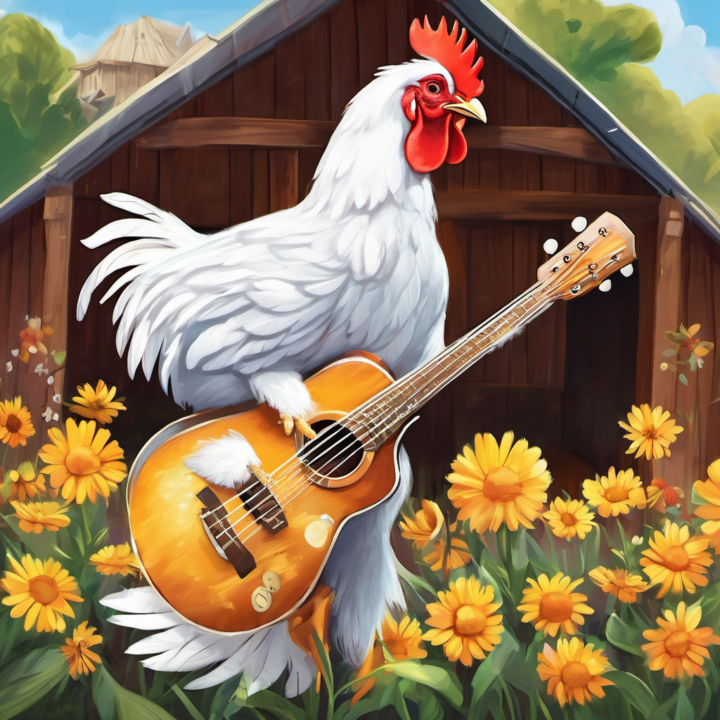 Pepper was the lead singer of the band. With her vibrant red feathers and a voice as sweet as honey, she could captivate any audience. Cocoa, who had feathery brown wings, played the drums with such energy that it made the whole barn shake! Sunny, with her golden feathers, played the keyboard, creating beautiful melodies and making everyone feel warm and fuzzy inside. Daisy, the chicken with white feathers with yellow spots, strummed her guitar, filling the barn with the sweetest tunes. And last but not least, Marshmallow, who had the softest white feathers you could imagine, played the bass guitar, making everyone's feet tap along to the beat. Each night, they practiced and invented new songs, making sure that every performance was better than the last. The chickens harmonized together, their voices blending like summer rain, creating an enchanting sound that would fill their listeners with pure joy.