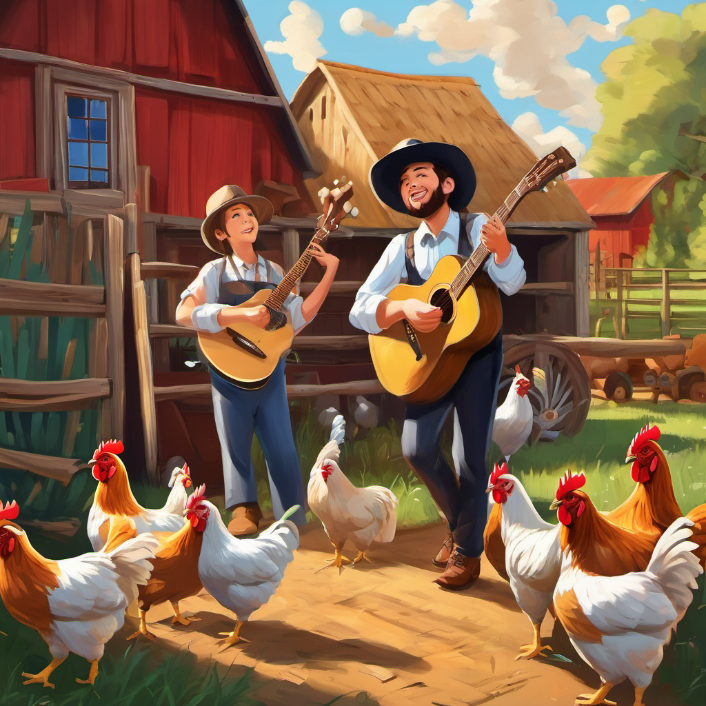 With Henrietta's addition, the band became even more extraordinary. They began performing not only in the barn but also for their fellow animal friends on the farm during the day. Word spread like wildfire about these chickens who could rock the stage like superstars. One sunny afternoon, a famous musician happened to be passing by the farm. He was in awe of the chickens' extraordinary talent and invited them to perform at a grand concert in the city. The Rockin' Roosters couldn't believe their luck! Their dreams were coming true.