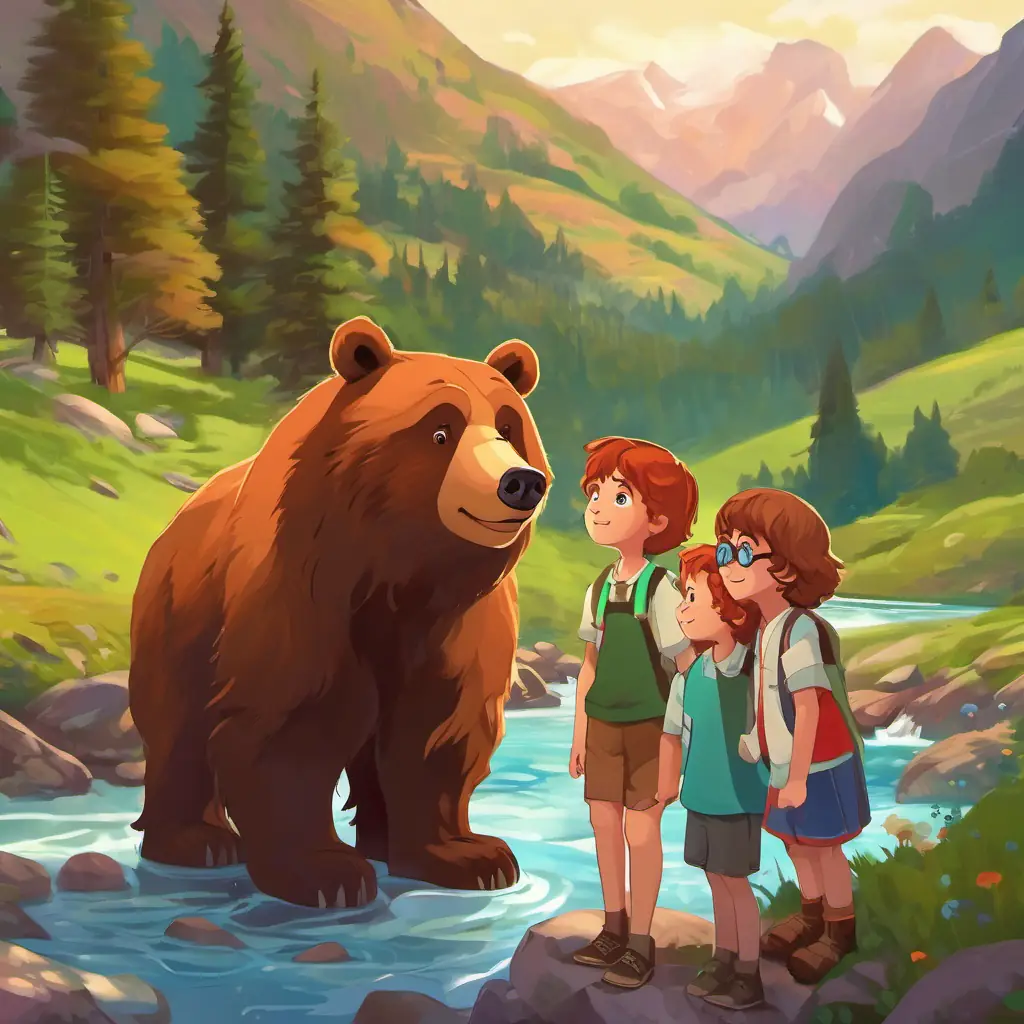 In the mountains near a brook, Pia: a girl with curly red hair and green eyes, Armin: a boy with blue glasses and brown hair, and Zeno: a little boy with a big smile and brown hair meet a big, brown bear who wants to be friends.