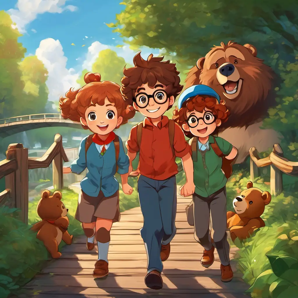 With teamwork, Zeno: a little boy with a big smile and brown hair, Pia: a girl with curly red hair and green eyes, Armin: a boy with blue glasses and brown hair, and the bear fix the bridge and celebrate their accomplishment.