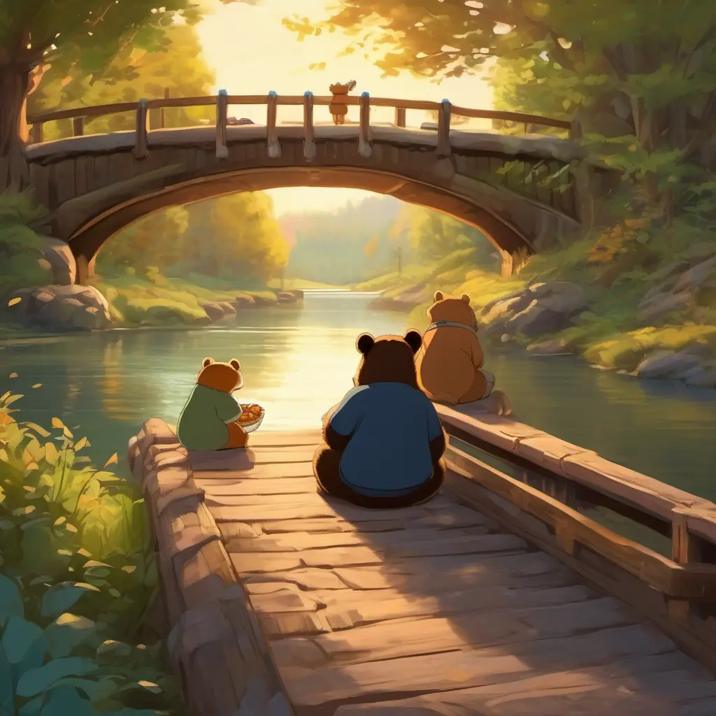Sitting by the bridge, the friends and the bear enjoy snacks and talk about the adventure and their new friendship.