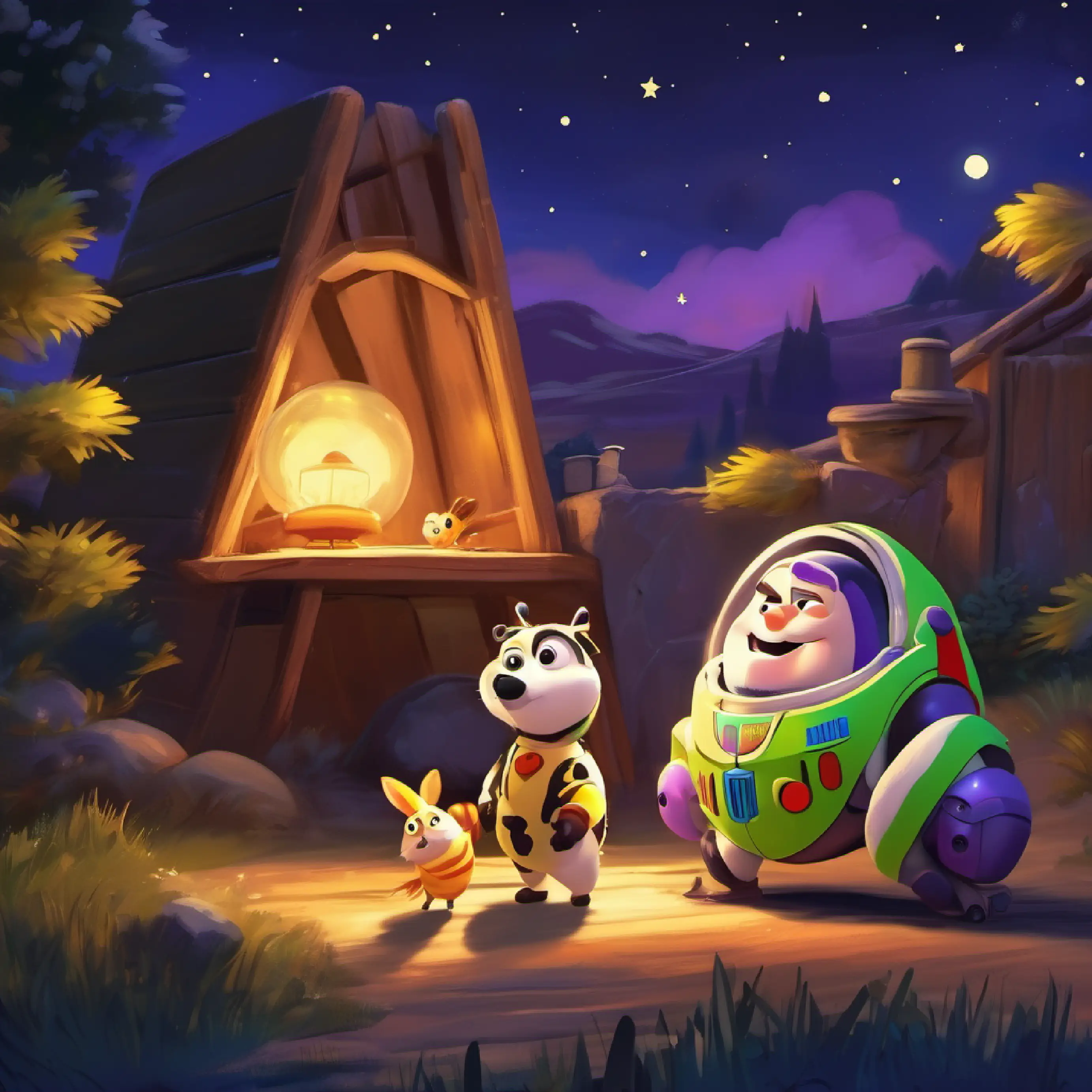 Boomer and Buzz play at night.