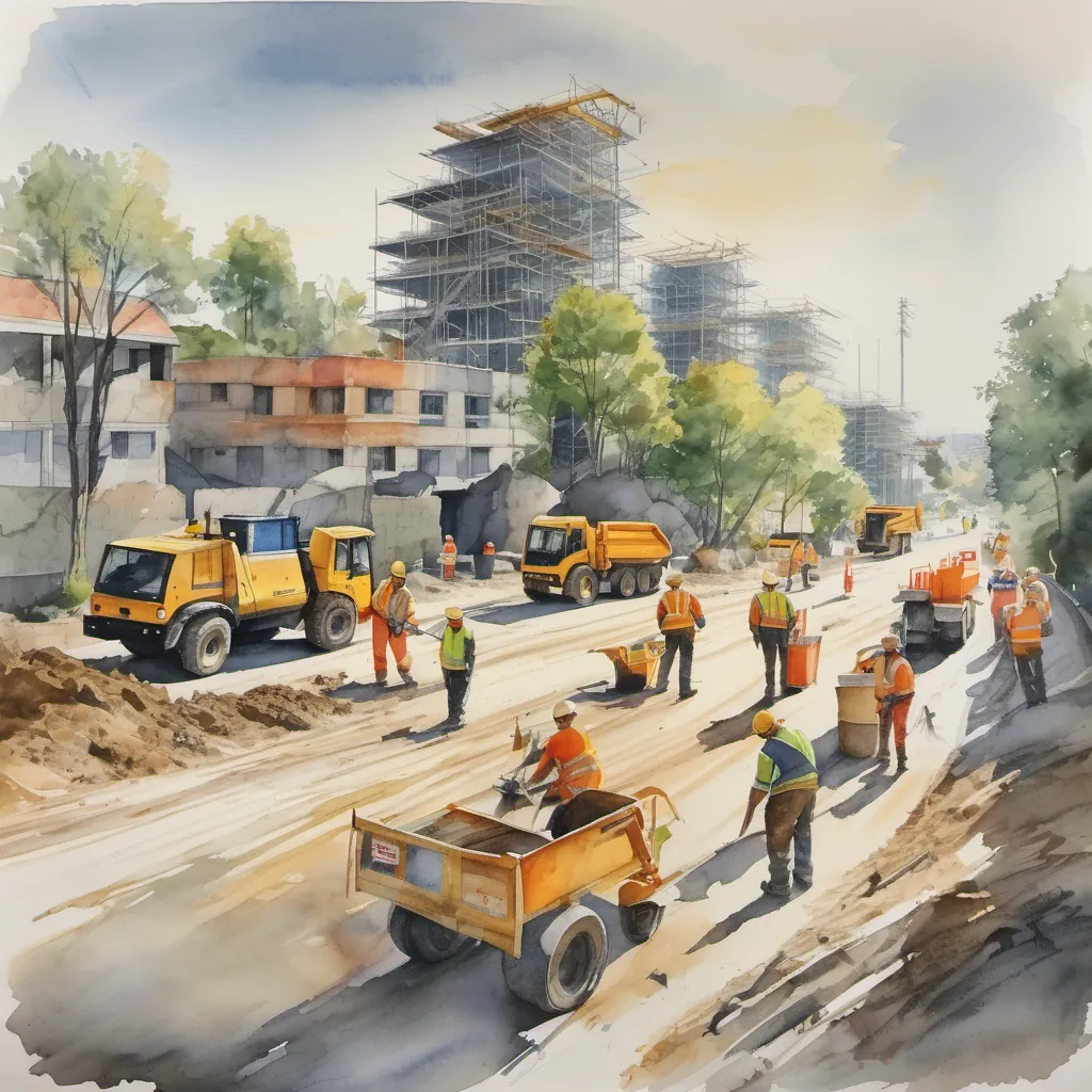 construction workers in a bright sunny landscape, busy building a road