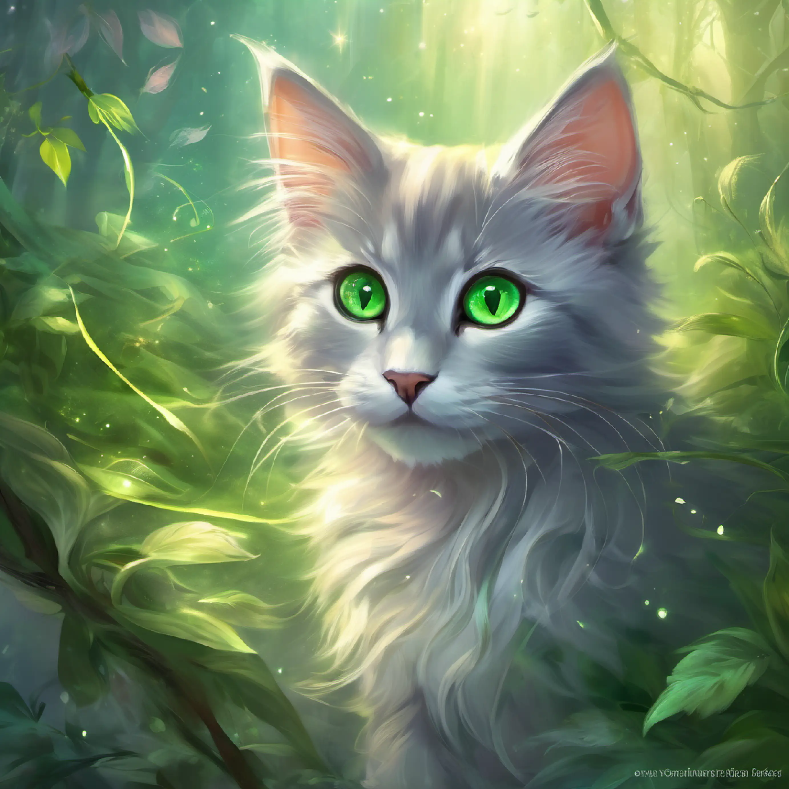 Description of Fluffy gray kitten, bright green eyes' appearance and the protagonist's interaction with her.