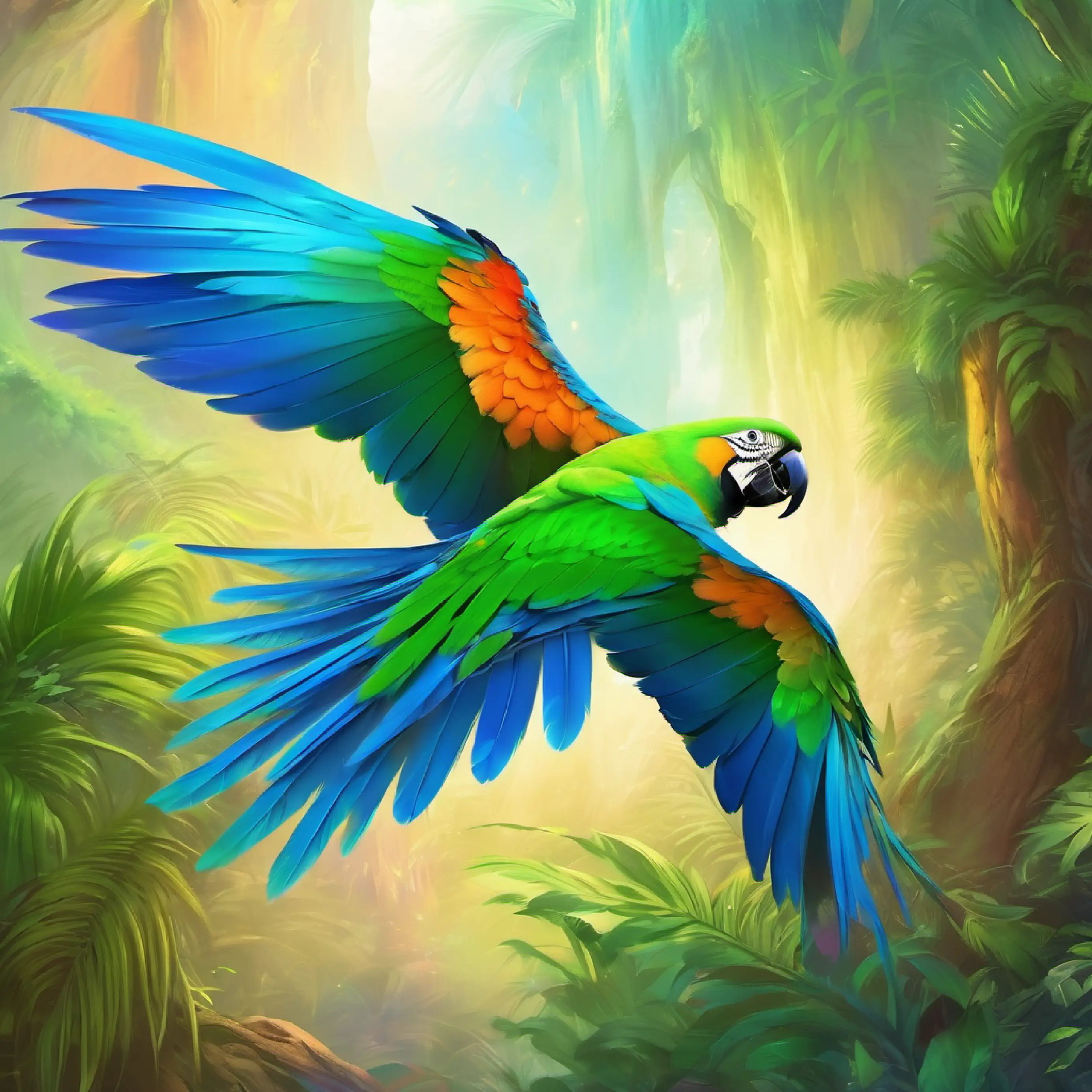 Description of Colorful parrot, green and blue feathers's appearance and favorite spot.