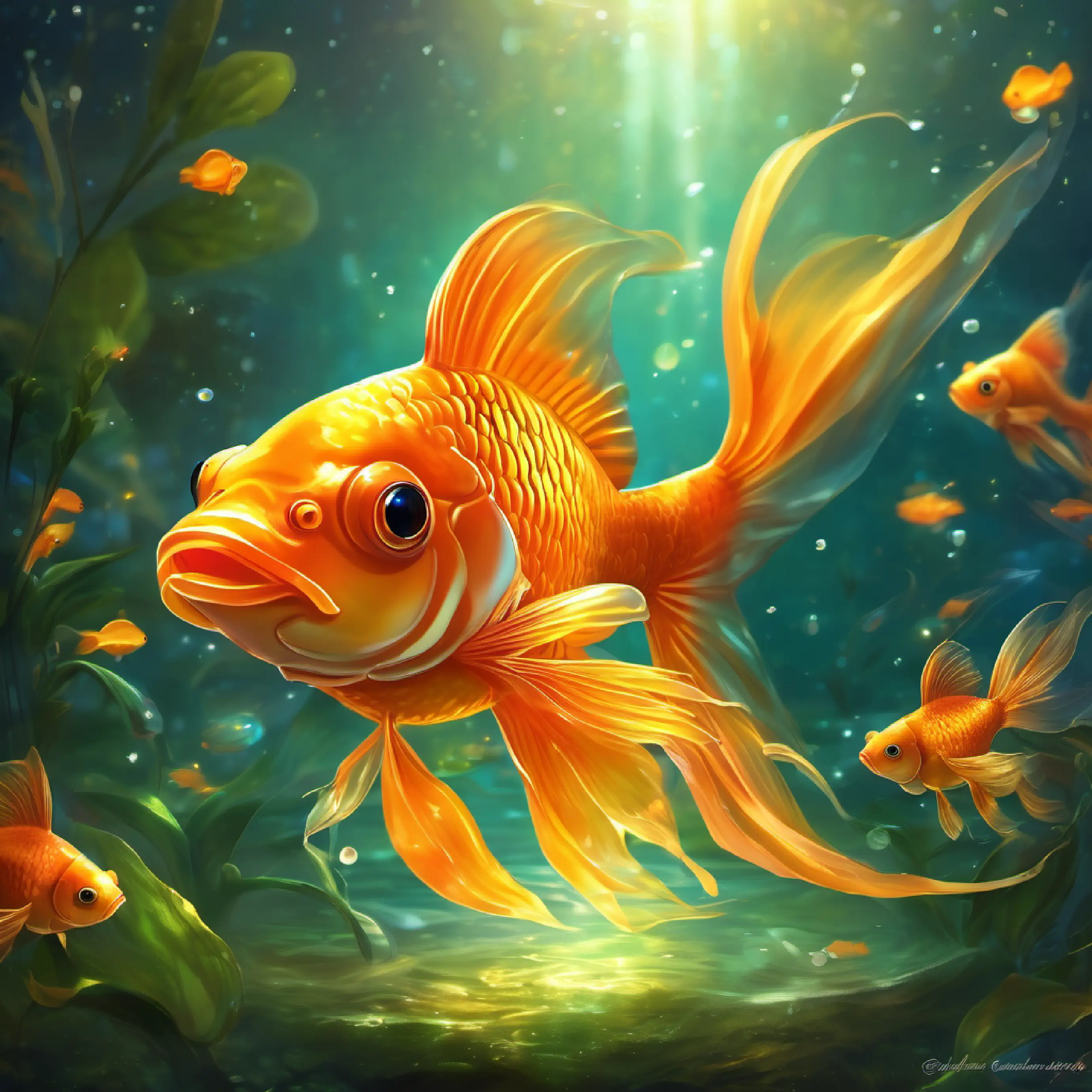 Description of Small orange goldfish, glimmering scales' favorite place and activity.