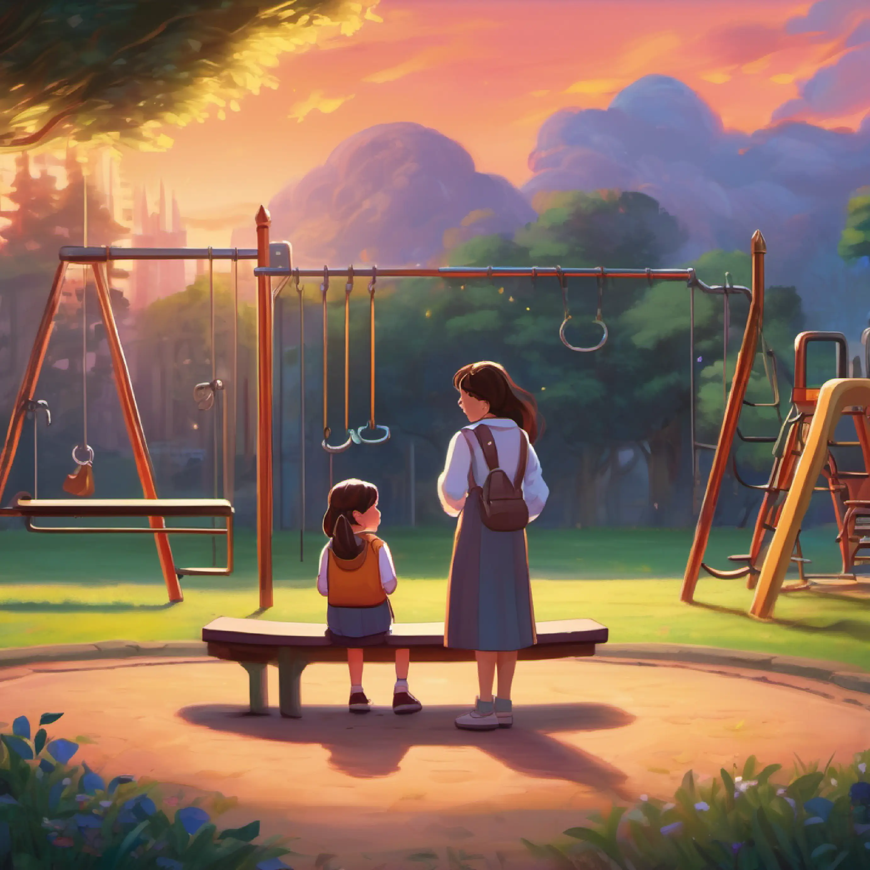 Mia reveals her loss, Lily listens, portraying empathy, school playground backdrop.