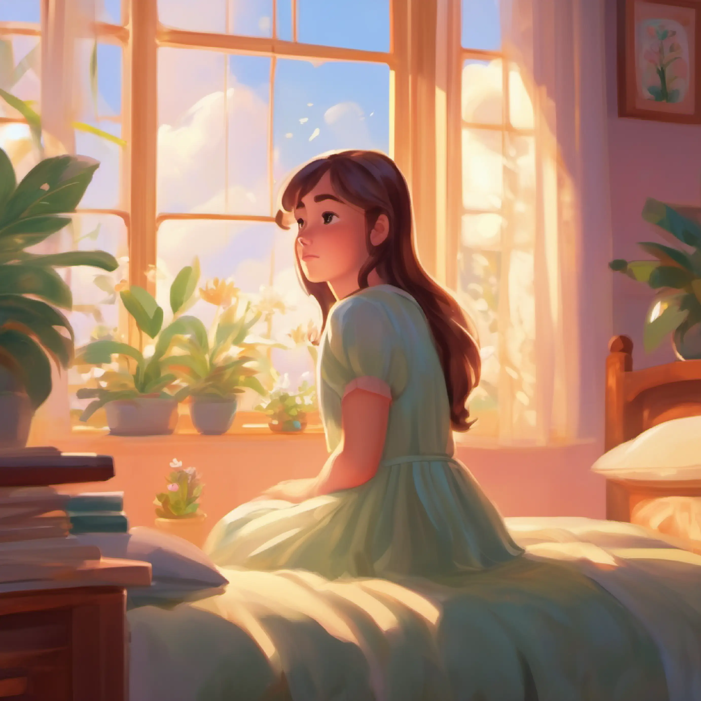 Introduction to Lily, a dreamy girl, Waking up, she pondered, 'Why was Mia sad?' She felt a pull to find out more.