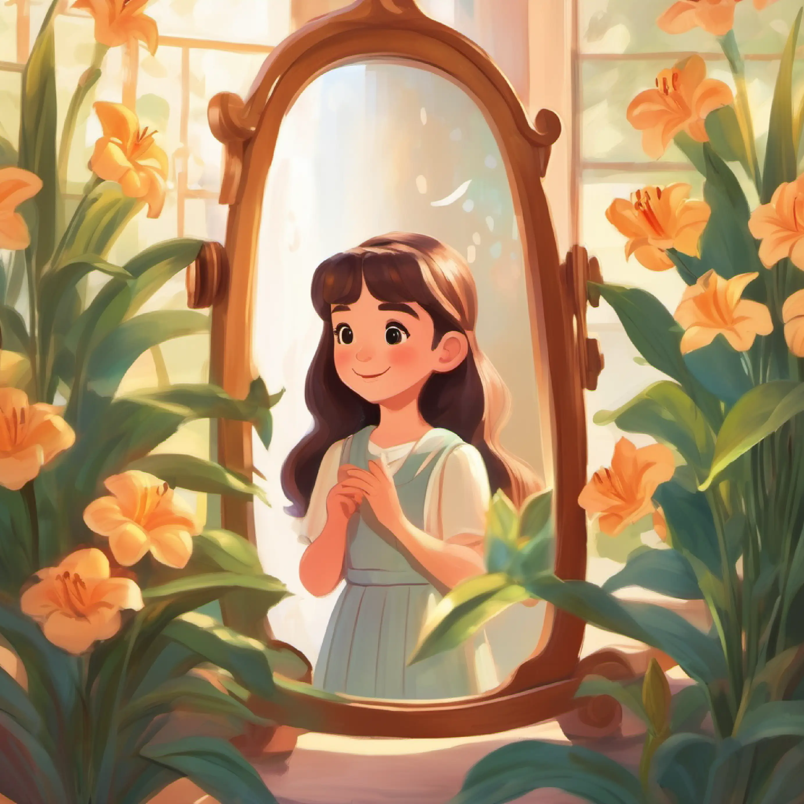 Introduction to Lily, a dreamy girl, She peeked into a mirror. A happy Lily waved back, but behind her was a frowning friend.