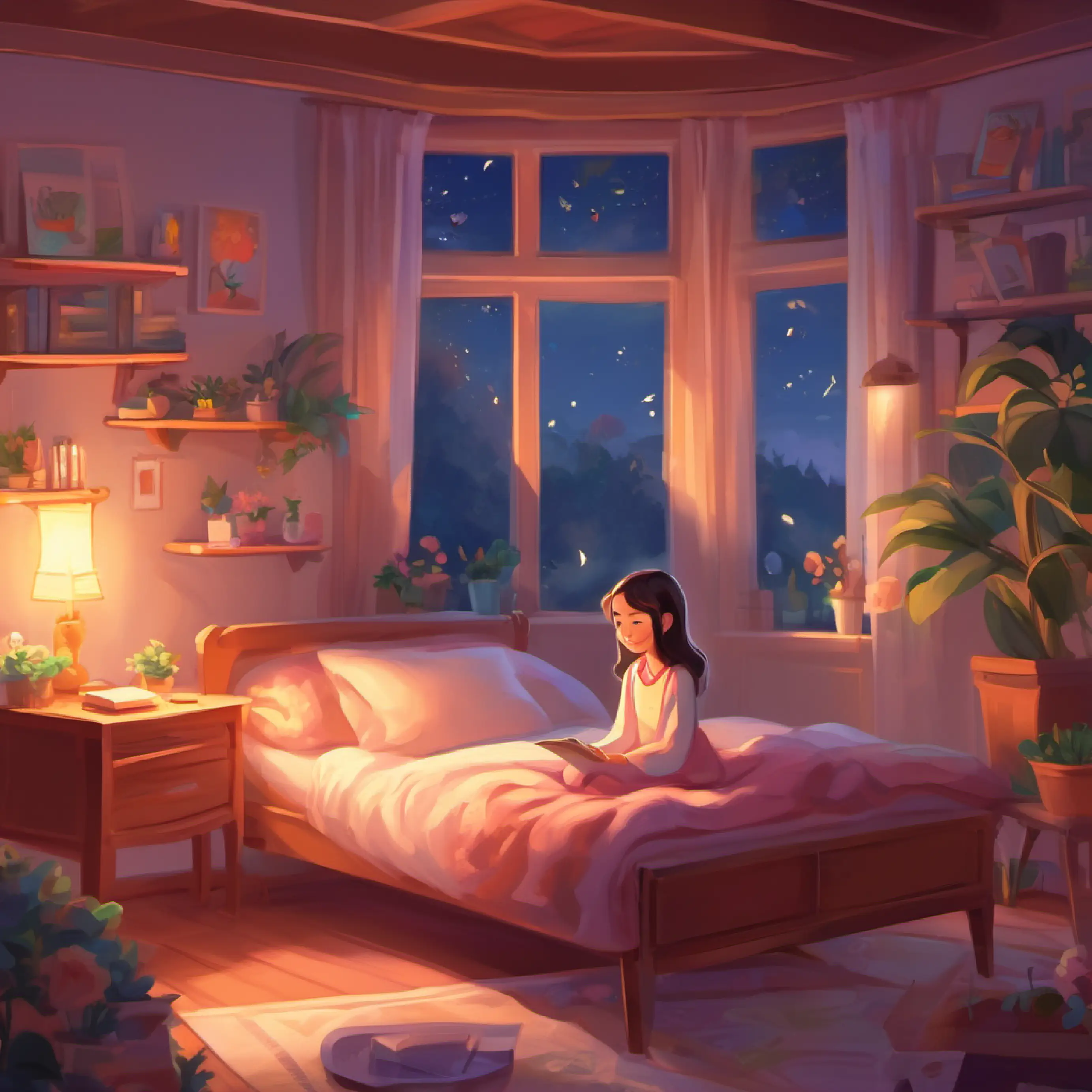 Introduction to Lily, a dreamy girl, in her cozy bedroom.Every night, tucked in her bed, she soared to worlds unseen, her dreams as wings.