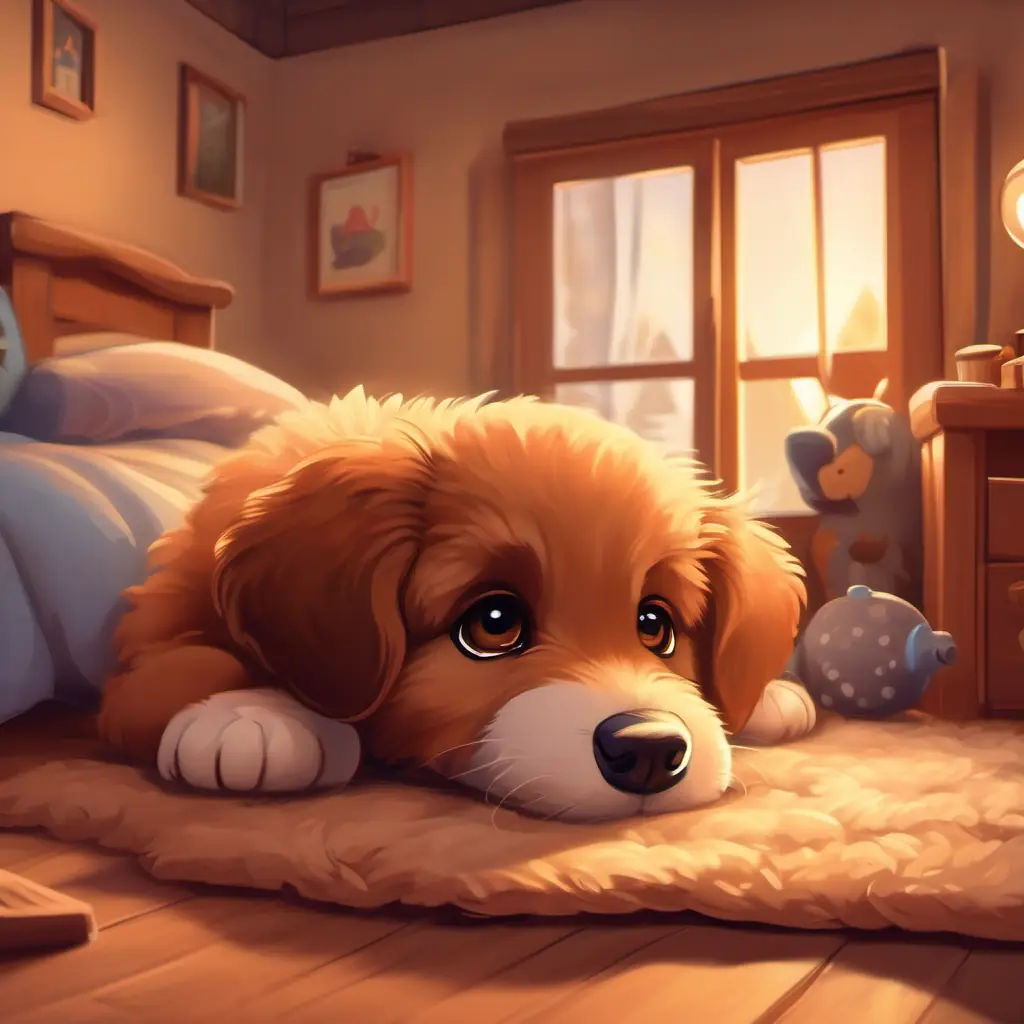 Fluffy brown puppy with big, curious brown eyes the puppy prepares for bed in his cozy house, saying goodnight to his toys.