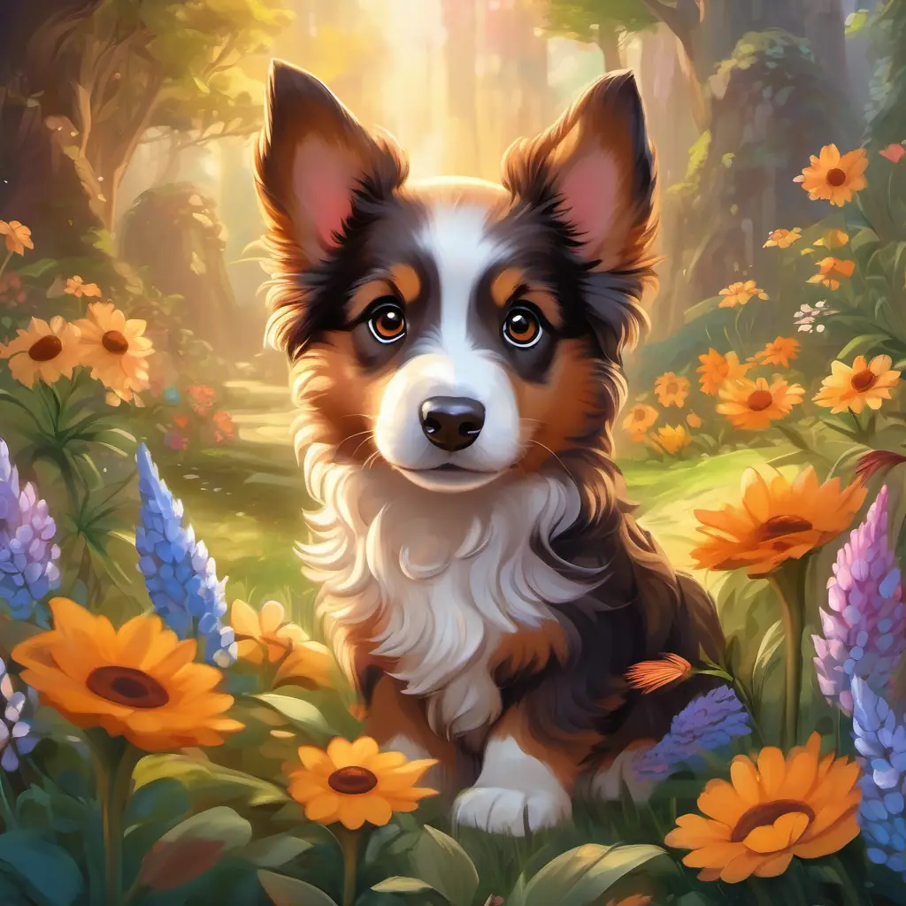 Fluffy brown puppy with big, curious brown eyes's dream transports him to a magical place with flowers, birds, a unicorn, and a fairy.