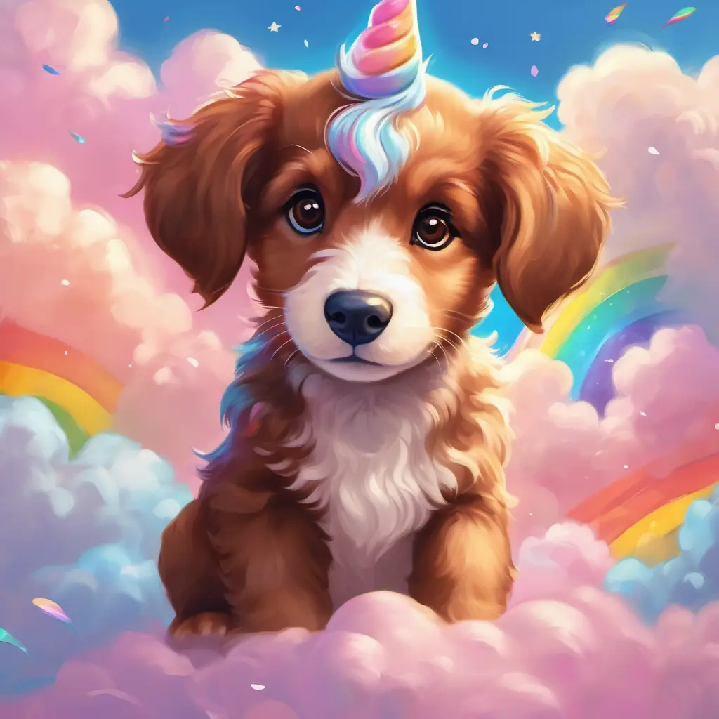 Fluffy brown puppy with big, curious brown eyes, the unicorn, and the fairy fly through cotton candy clouds and slide down rainbows.