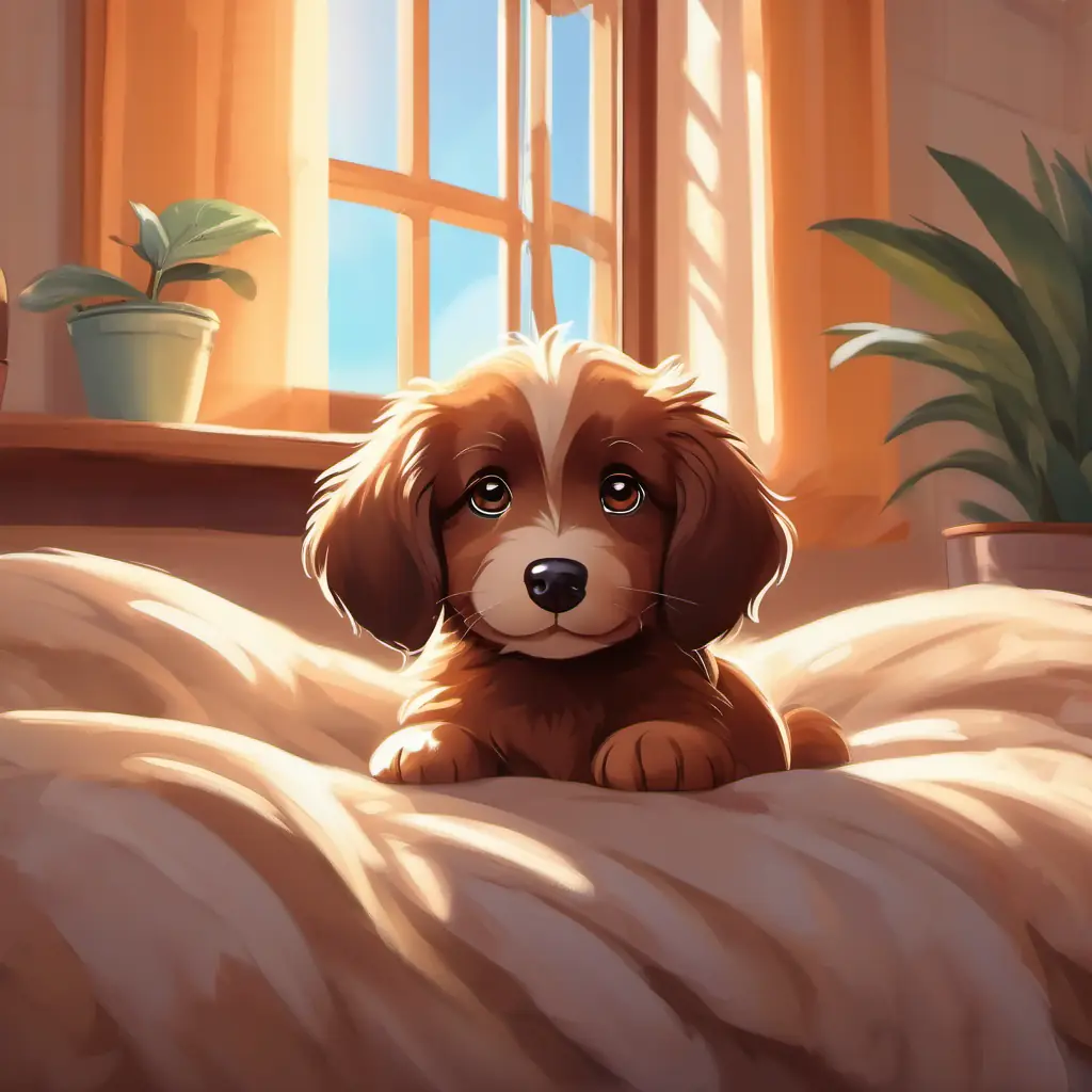 Fluffy brown puppy with big, curious brown eyes's dream begins to fade and he wakes up to the morning sun in his cozy bed.