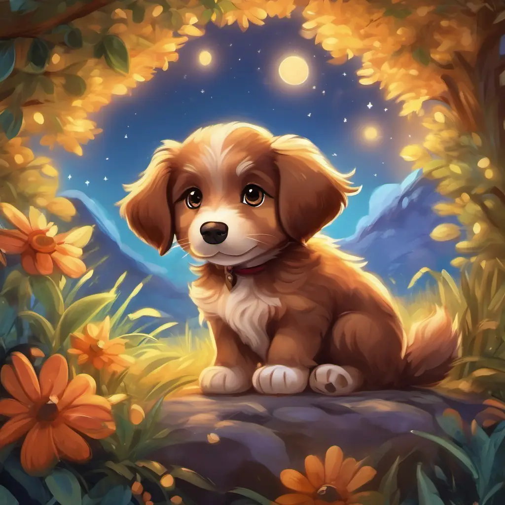 Fluffy brown puppy with big, curious brown eyes feels happy to know he can visit the magical world in his dreams and whispers goodnight to his dream friends.
