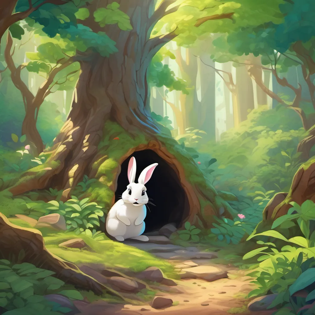 A cozy rabbit burrow nestled among tree roots in a lush, vibrant forest.