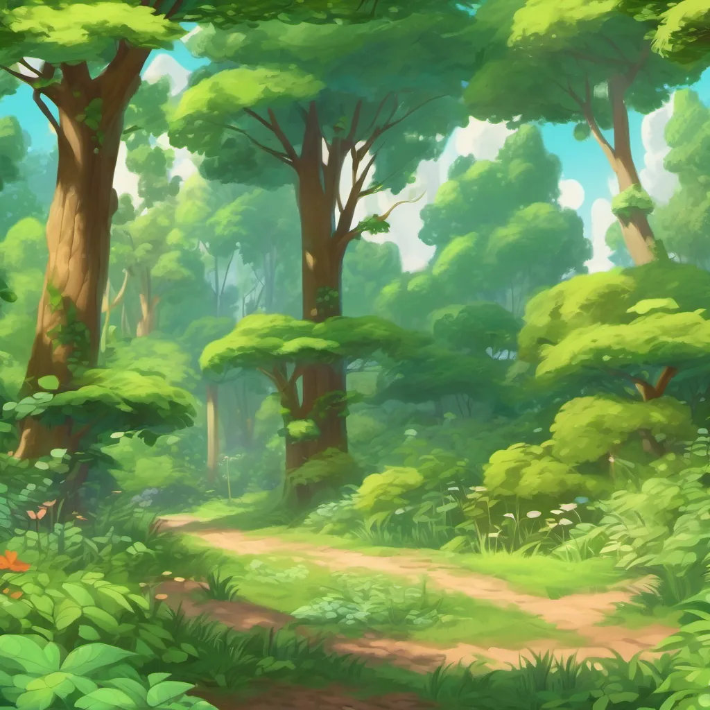 A beautiful forest scene with rabbits playing, birds flying overhead, and trees full of lush green leaves.