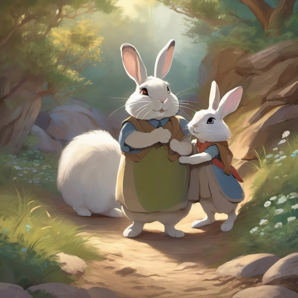 Mother and A strong and caring father rabbit with gray fur and wise, twinkling eyes, wearing a small vest returning to the burrow, the family reuniting with hugs and happy expressions.