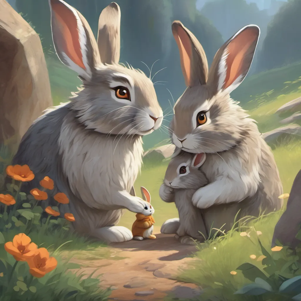 Mother and A strong and caring father rabbit with gray fur and wise, twinkling eyes, wearing a small vest giving advice to the cubs, with a background of their cozy burrow.