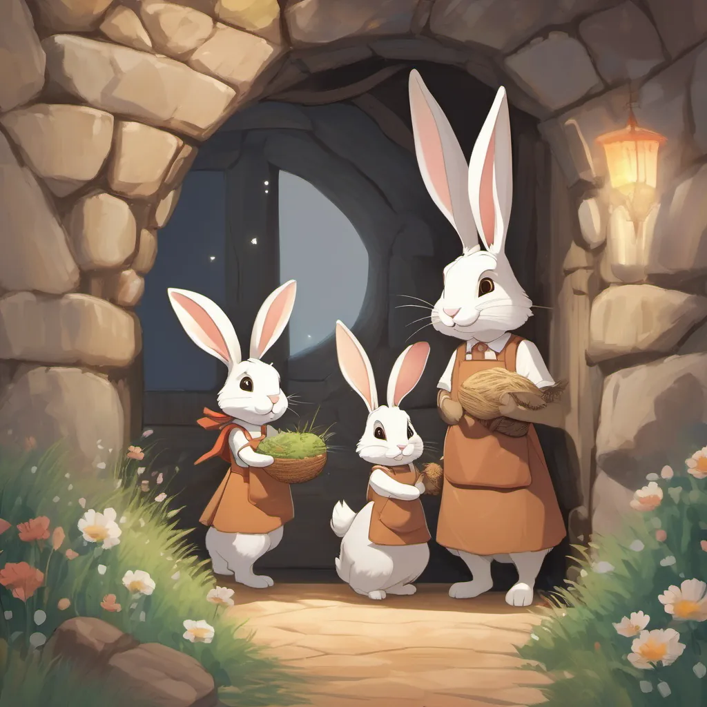 A gentle and nurturing mother rabbit with soft brown fur and kind eyes, wearing a small apron and A strong and caring father rabbit with gray fur and wise, twinkling eyes, wearing a small vest talking to their cubs in the burrow, preparing for a journey.
