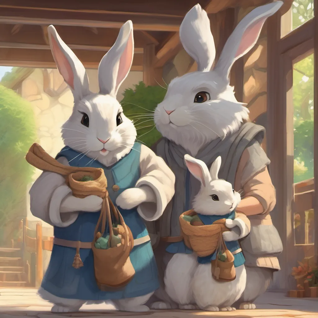 Mother and A strong and caring father rabbit with gray fur and wise, twinkling eyes, wearing a small vest packing their bags and giving hugs to the little cubs before leaving.