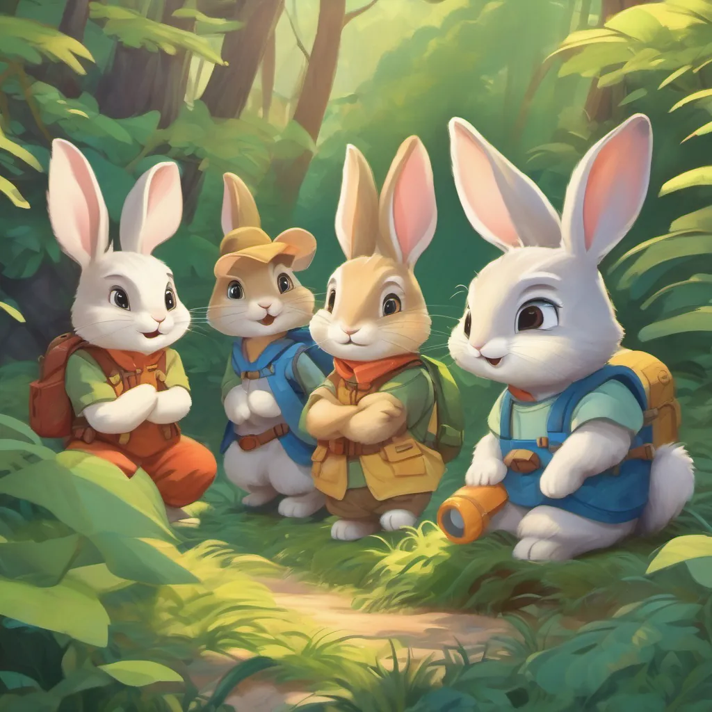 The rabbit cubs with eager and curious expressions, discussing going on an adventure.