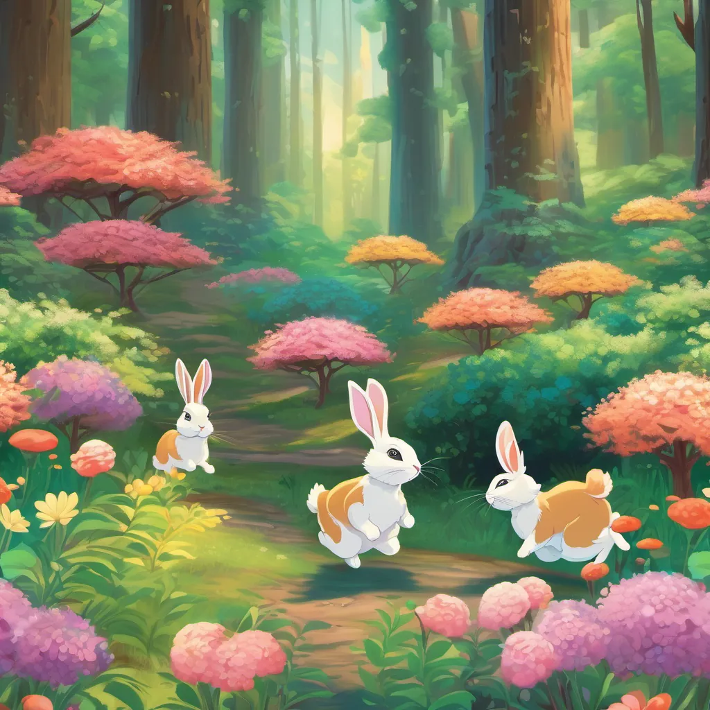 The rabbit cubs hopping through the forest, surrounded by dancing flowers and magical, tall trees.