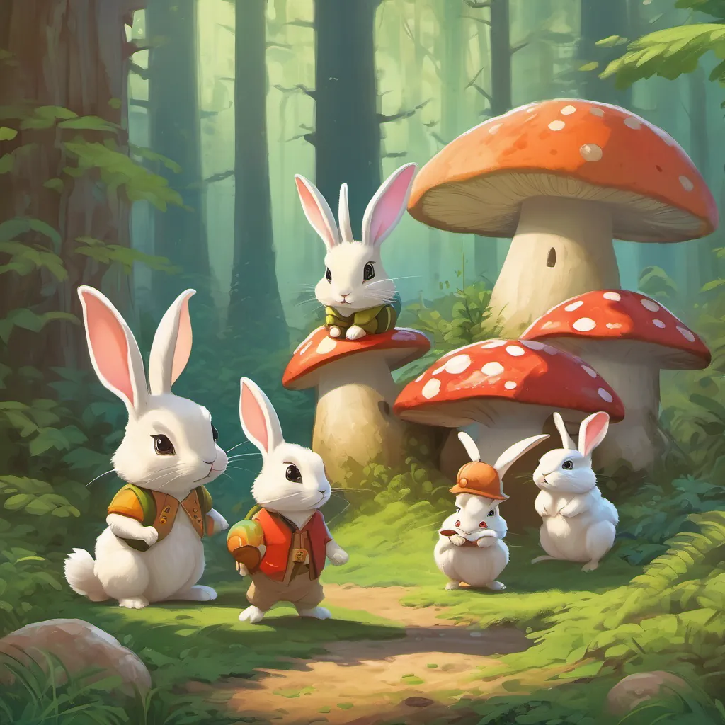 The rabbit cubs meeting a friendly toad under a giant mushroom, with a forest background.