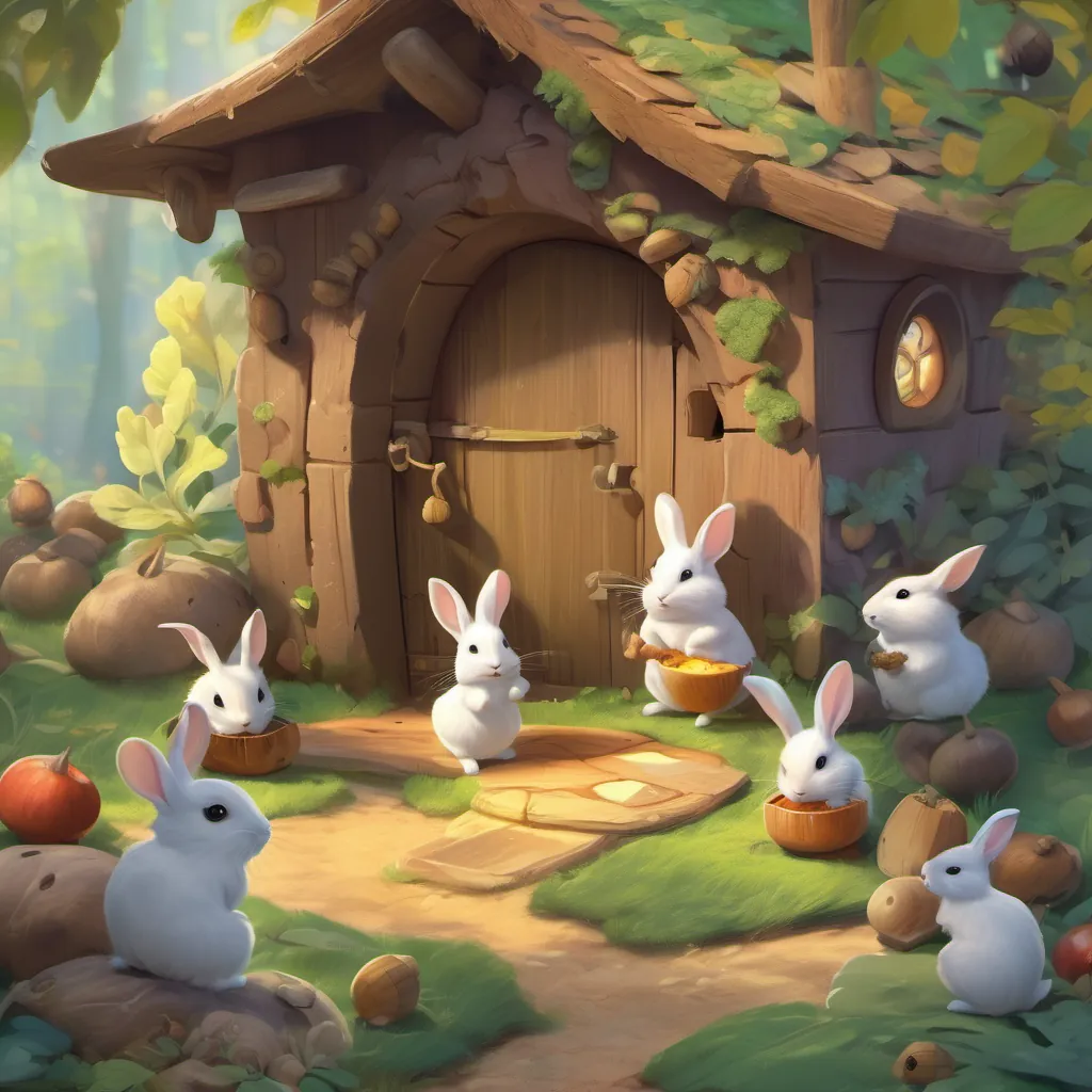 The rabbit cubs visiting A tiny, cheerful mouse with shiny black eyes, a long tail, and a love for acorns and cheese's tiny tunnel home, with acorn treasures and Squeaky nibbling on cheese.
