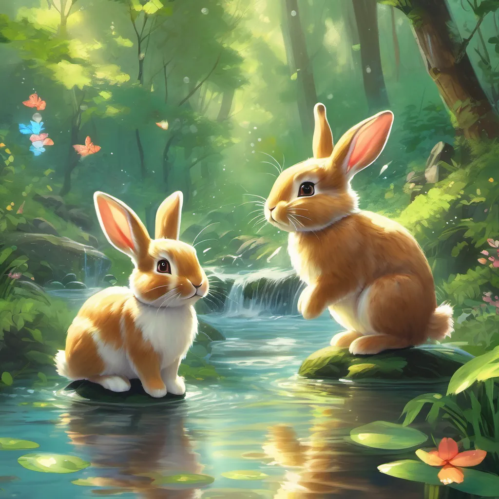 The rabbit cubs splashing happily in a sparkling, enchanted stream surrounded by lush forest scenery.