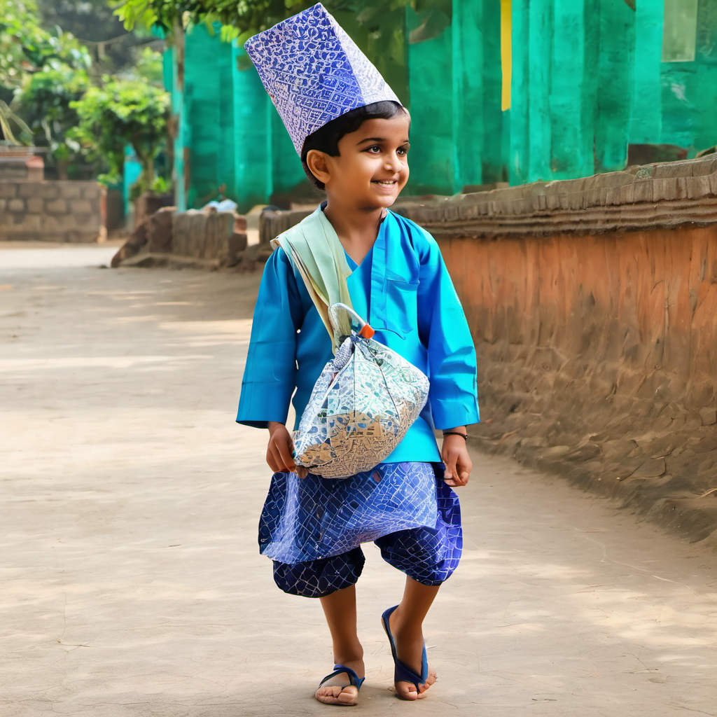 Lal kurta, safed dhoti, safed topi, halka bhura bag samay par uthkar school jata hai