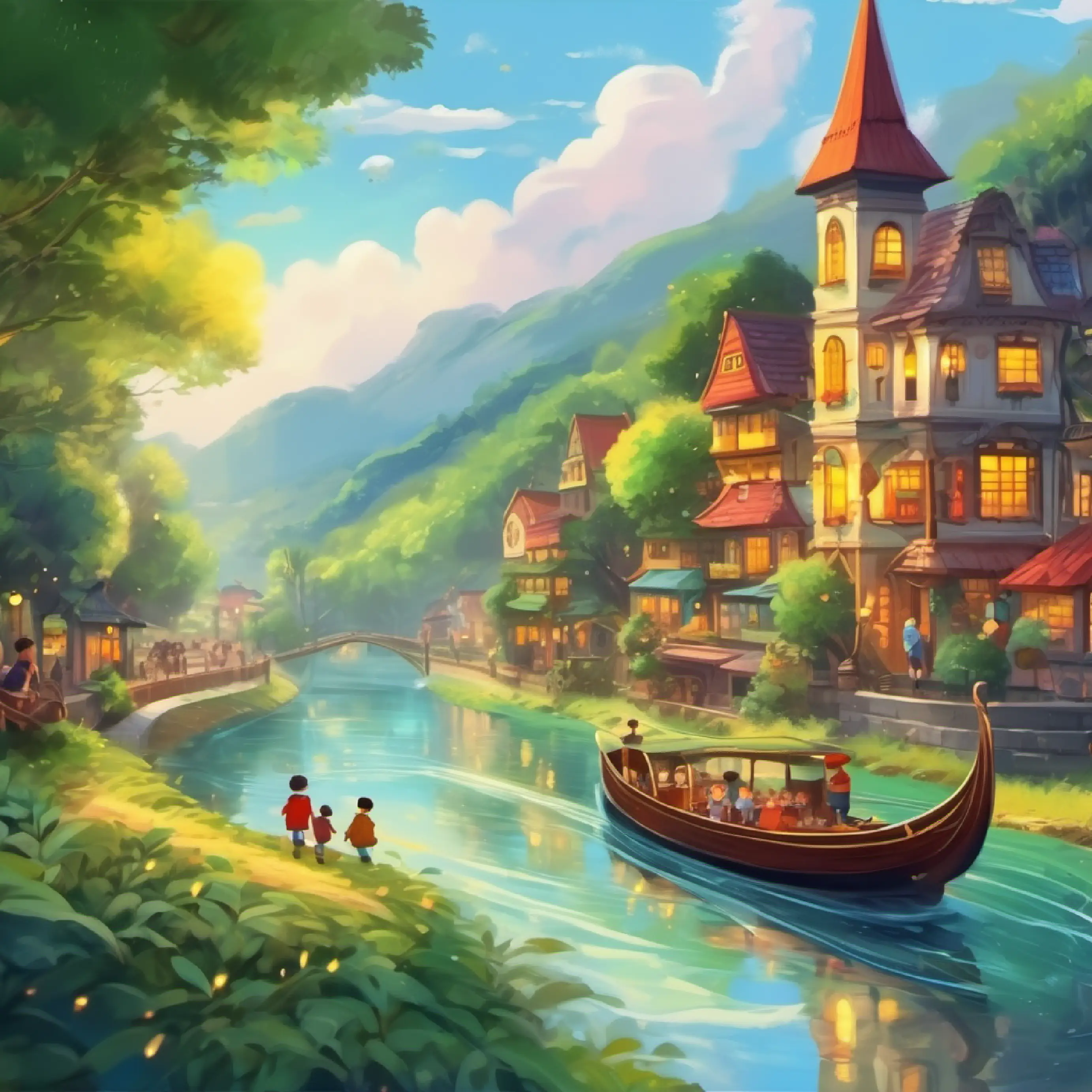 River journey, raindrop experiences various sights and sounds with children.