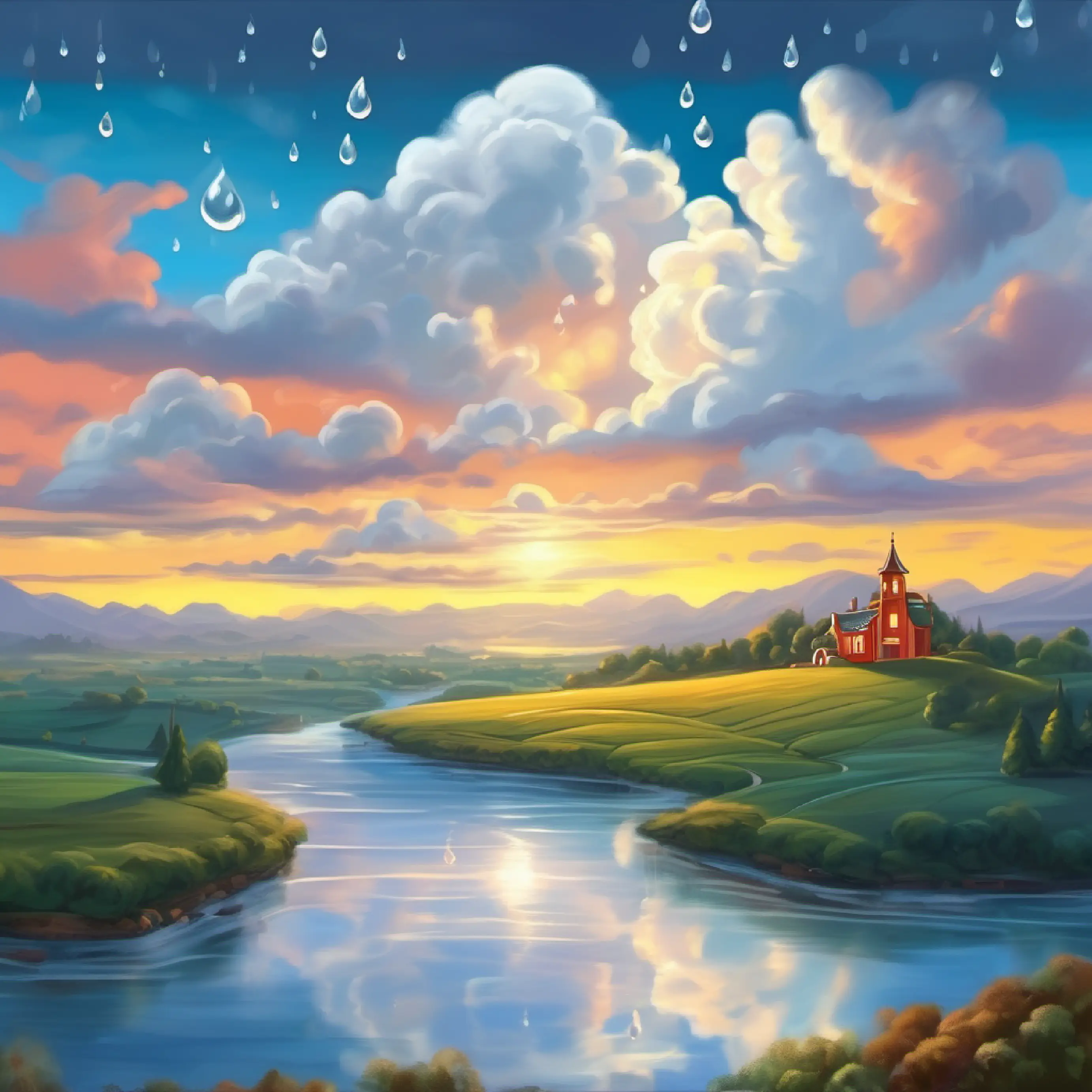 Water droplet contributes to cloud formation, cycle continues.