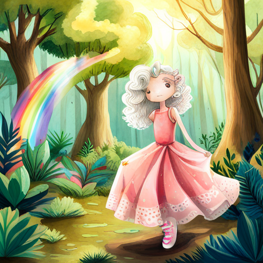 Curly-haired girl with a pink dress and sneakers and White unicorn with a rainbow-colored mane playing in a colorful forest