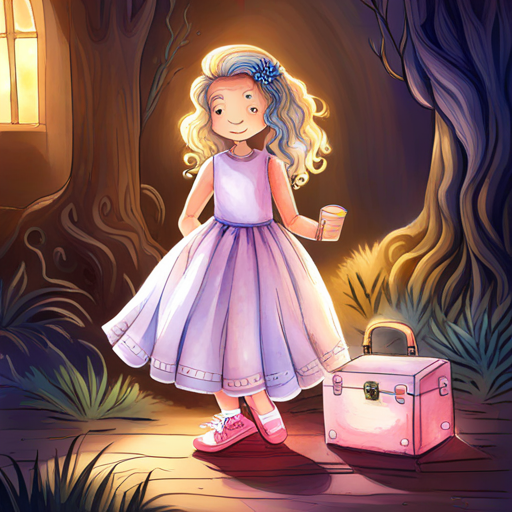 Curly-haired girl with a pink dress and sneakers and White unicorn with a rainbow-colored mane discovering a hidden treasure chest