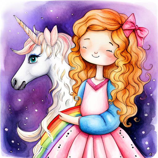 Curly-haired girl with a pink dress and sneakers comforting White unicorn with a rainbow-colored mane with a tender hug