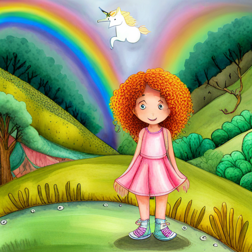 Curly-haired girl with a pink dress and sneakers and White unicorn with a rainbow-colored mane finding a secret valley of unicorns