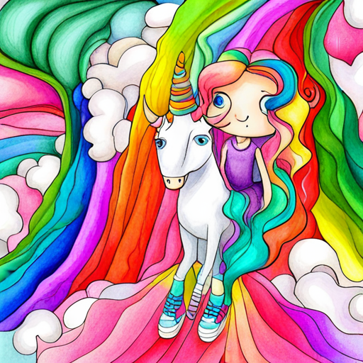 White unicorn with a rainbow-colored mane and Curly-haired girl with a pink dress and sneakers surrounded by a loving unicorn community