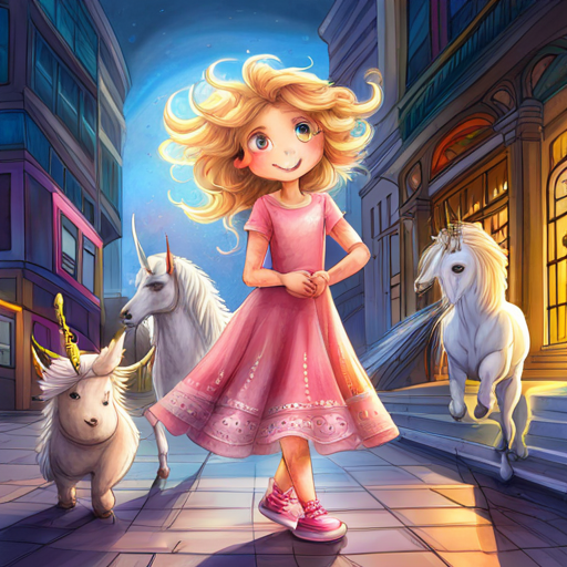 Curly-haired girl with a pink dress and sneakers, White unicorn with a rainbow-colored mane, and their unicorn friends having fun