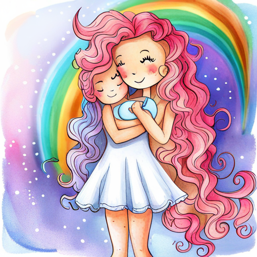White unicorn with a rainbow-colored mane and Curly-haired girl with a pink dress and sneakers hugging, surrounded by magical sparkles